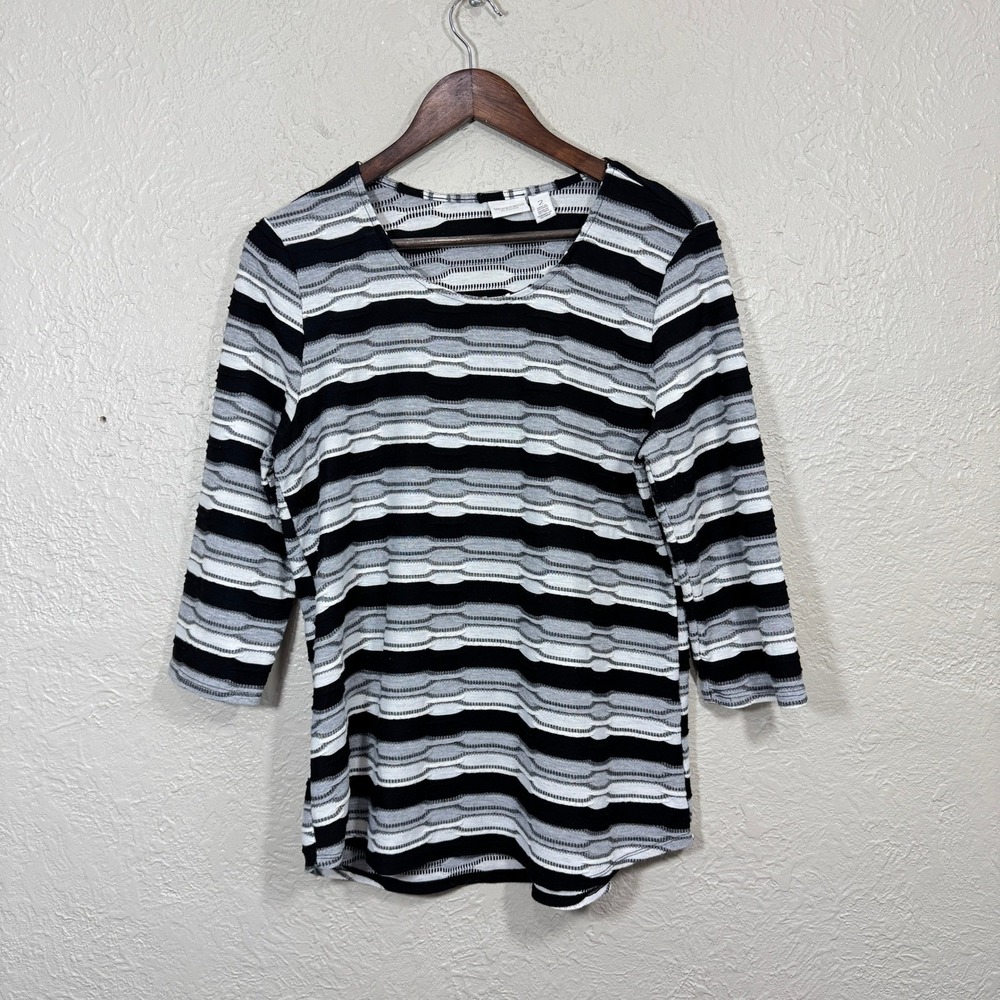 Chicos Weekends Knit Top Lg 3D Textured 3/4 Sleeve Artsy Travel Lagenlook Career